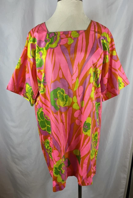 Vintage 60s 70s Jonlor Cali Pink Hawaiian Floral Top Artist Smock Size Medium