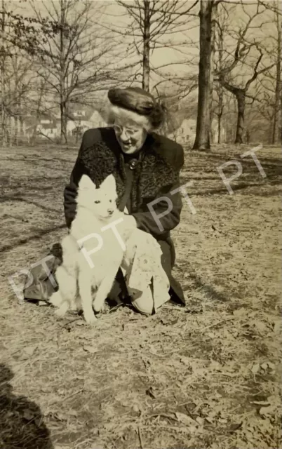 Antique Vintage Original Photo Pretty Woman & Cute White Dog 1940s Puppy Love