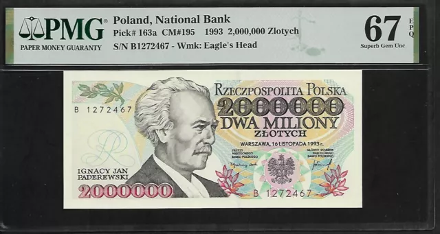 Poland 2,000,000 ZL 1993 PMG 67 EPQ UNC P#163a Ignacy Jan Paderewski Series B