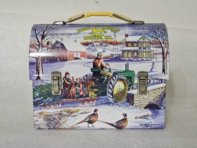John Deere Tractor Mini Tin Lunch Box, Snowy Christmas Scene 7x6x3.5", 2005