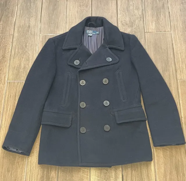 Polo Ralph Lauren Navy Blue Double Breasted Wool Pea Coat Men's Medium