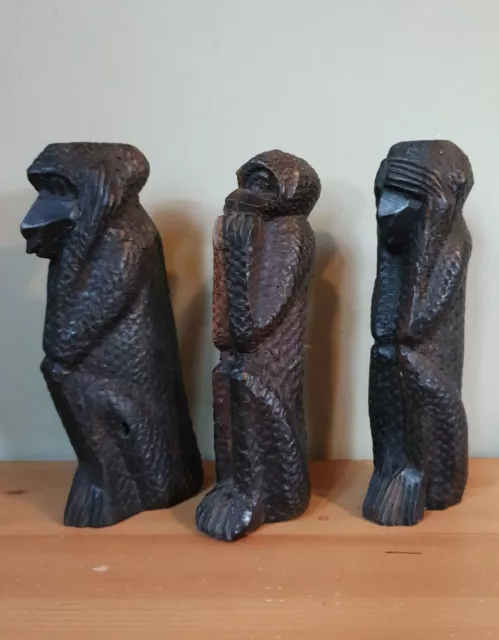 Vintage Three Wise  Monkeys Carved Ebonised Wooden  Statues