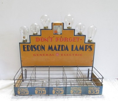 Vintage Tin Don't Forget Edison Mazda Lamps Display with Old Stock Light Bulbs