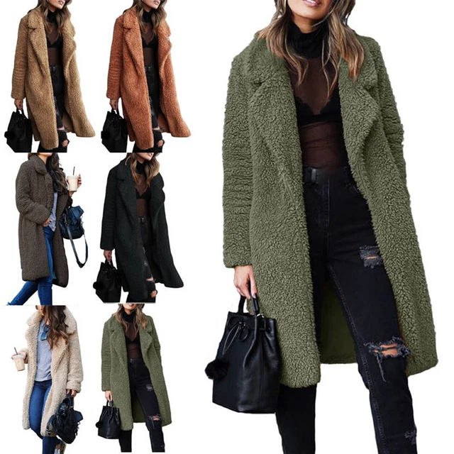 Womens Cardigan Coat Ladies Teddy Bear Fluffy Fleece Pockets Buttons Jacket Tops
