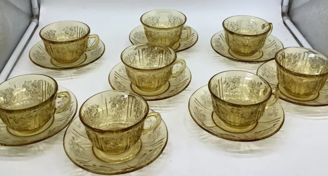 8 Amber Sharon Cup and Saucer Sets Federal Depression Glass Cabbage Rose Yellow