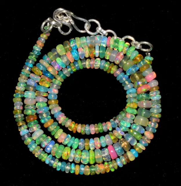 16"Natural Ethiopian Opal Gemstone Beads Necklace 925 Sterling silver S-0952