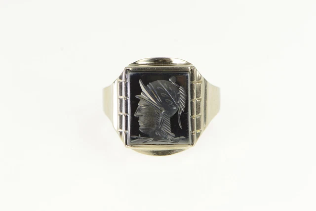 10K Hematite Intaglio Cameo Roman Soldier Ring White Gold *11