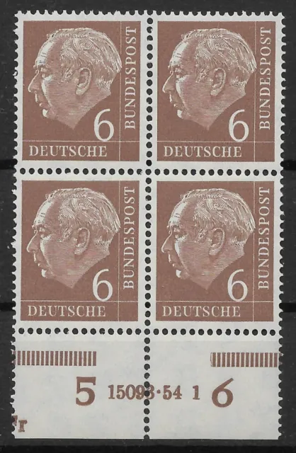 Bund 1954 ** Mi 180 Theodor Heuss 6Pf Viererblock VB 4er Unterrand UR HAN 03678A
