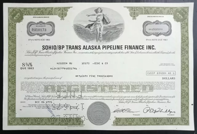 AOP USA 1975 Sohio/BP Trans Alaska Pipeline Finance INC.25000 shares certificate