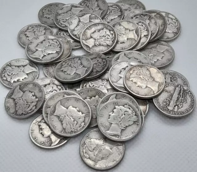 Roll of 50 $5 Face Value 90% Silver Mercury Dimes Mixed Dates - Nice Lot