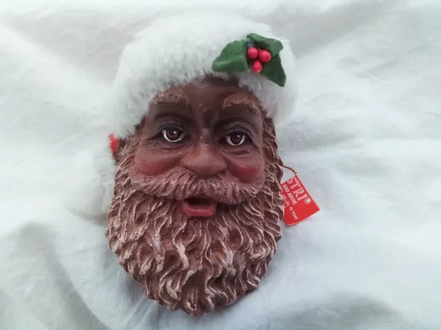 Black African American Santa Head Vintage Silvestri Christmas Ornament Hat Holly