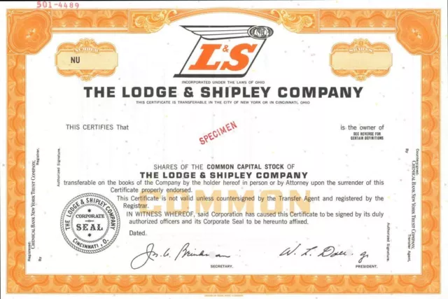 Lodge and Shipley Company - Machine Tools Specimen Stock Certificate - Specimen