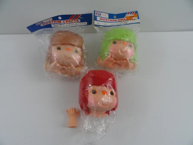 3 Doll Head Hands Mitzy Lime Green Brown Red Yarn Hair 4" 9602 Westrim Crafts