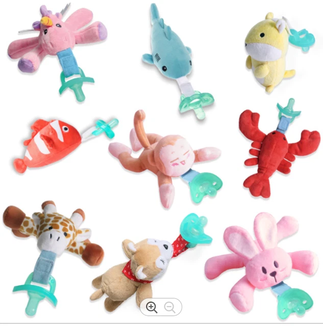 5 Pack Baby Pacifier Holder with Detachable Pacifier,Plush Stuffed Animal Toy