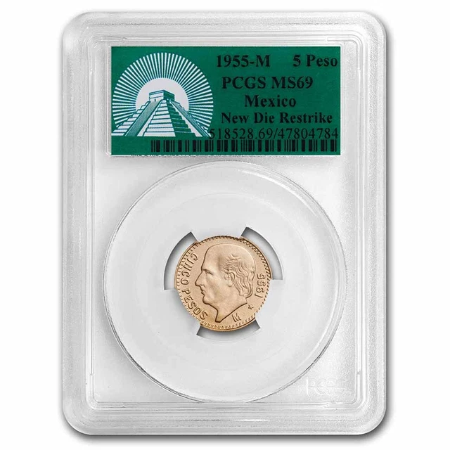 1955 Mexico Gold 5 Peso MS-69 PCGS (Green Label New Die Restrike) - SKU#277195