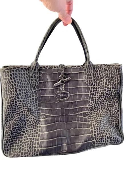 LONGCHAMP CROC EMBOSSED ROSEAU Leather Handbag Tote Gray Bag Purse 13”x9” 3