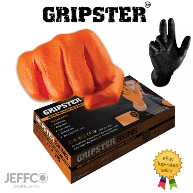 Gripster Skins Nitrile Gloves Orange Black Heavy Duty Grip Latex Free Mechanics