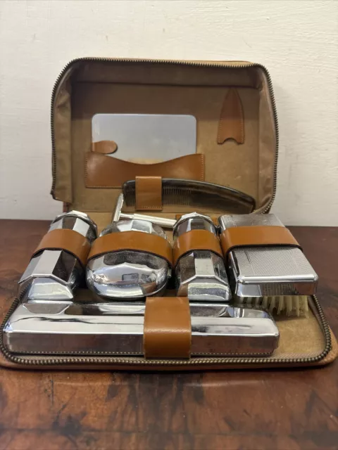 Men's Travel Toiletry Set Vintage Chrome Plated Leather Case Vanity Gillette