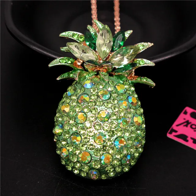 Fashion Women Bling Rhinestone Green Pineapple Crystal Pendant Chain Necklace