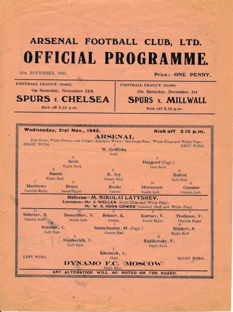 Arsenal v Dynamo Moscow Russia USSR (Friendly) 1945/1946 - Football Programme