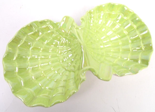 Vintage Sea Shell Shaped Iridescent Green Ceramic Ashtray 8" x 4 1/4"