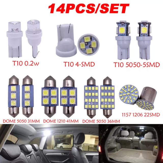 14Pcs LED Interior Package Kit For T10 36mm Map Dome License Plate Lights White