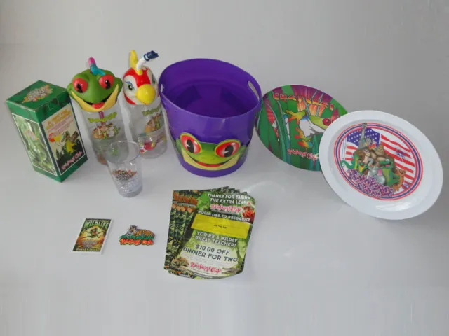 RAINFOREST CAFE Collectible Set of Merchandise CUPS, PLATES, PAIL, CERTIFICATES