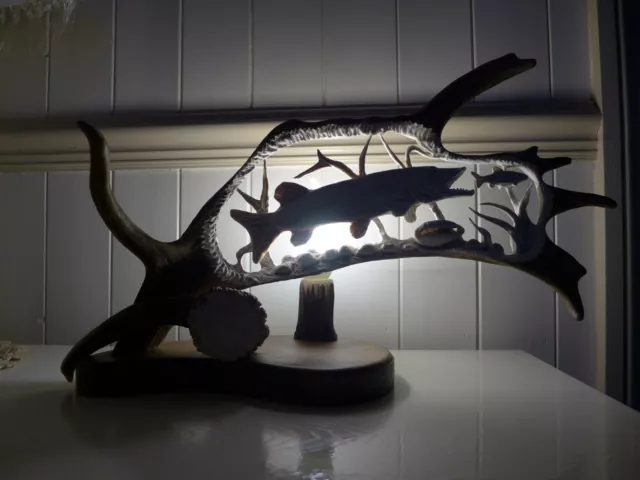 Fallow Deer Antler Lamp, Pike Fish Design, Home Decor Art Handmade Unique Gift