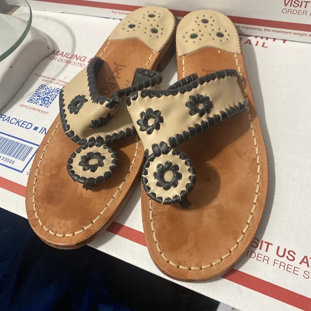 Jack Rogers White/Black Leather Thong Sandals US8 M