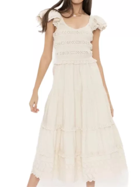 Sea NY Cream Everleigh Smocked Eyelet Midi Dress Puffed Ruffled Sleeve prairie M