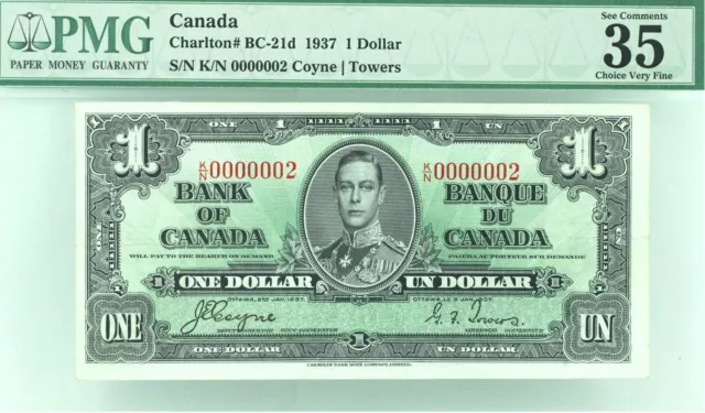 Bank Of Canada 1937 BC-21d 1 dollar K/N Serial #002 Rare Low Serial