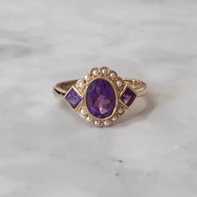 9ct Yellow Gold Amethyst & Pearl Geometric Cluster Ring- Size UK  P 1/2 / US 8