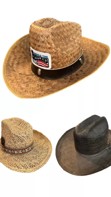 Lote de 7 3) Sombreros de Vaquero de Colección (3) Piezas de Paja Bangor's Roper Festival Nashville