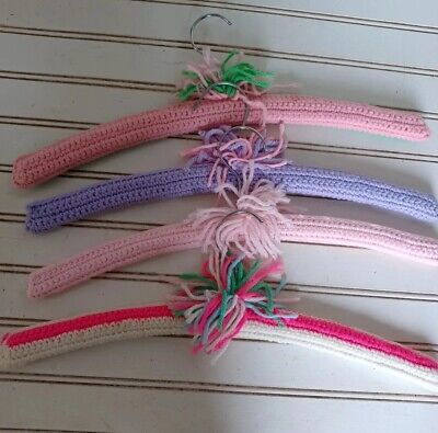 4 Vintage Old  Hand Crocheted / Knitted Wooden Coat Hangers Multicolor pink