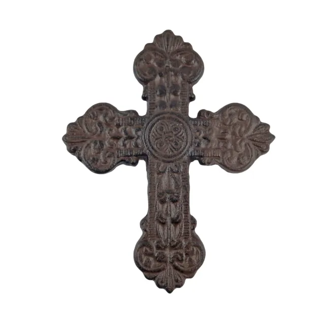 Fleur De Lis Cast Iron Wall Cross Rustic Finish Victorian Decor 8 x 6 1/2 inch