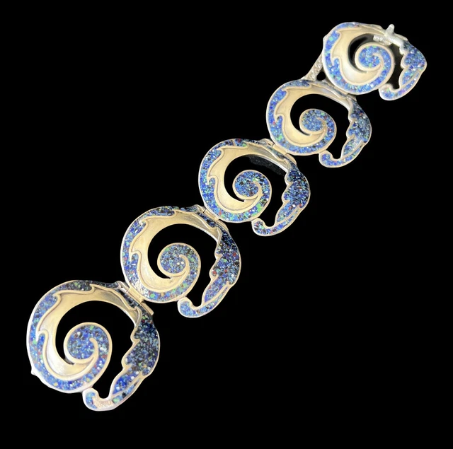 Margot de Taxco Mexican Sterling Silver Blue Enamel Floral Spiral Bracelet #5384