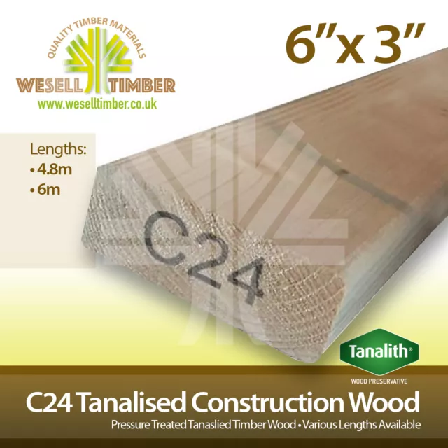 C24 Pressure Treated Structural Graded Timber 6x3 150x75 Various Sizes 4.8m - 6m