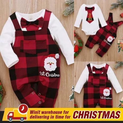My 1st Christmas Newborn Baby Boy Plaid Romper Pants Bodysuit Outfit Set Clothes