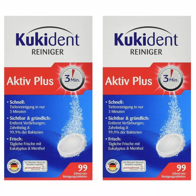 ✅Kukident Aktiv Plus Zahnersatz-Reinigungstabletten Gebissreinigung 2x 99 Stück✅