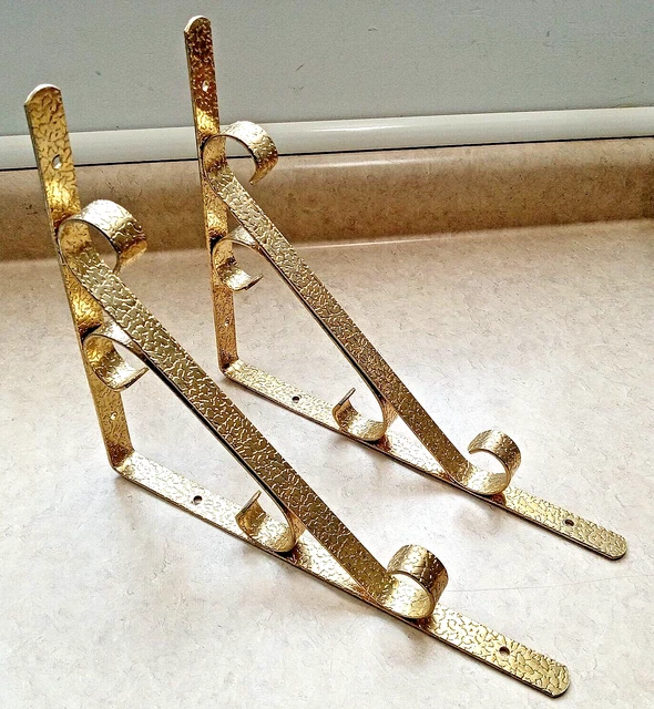2 Shelf Brackets Ornate MCM Gold Tone Scroll Texture Hammered Metal Wall Mount