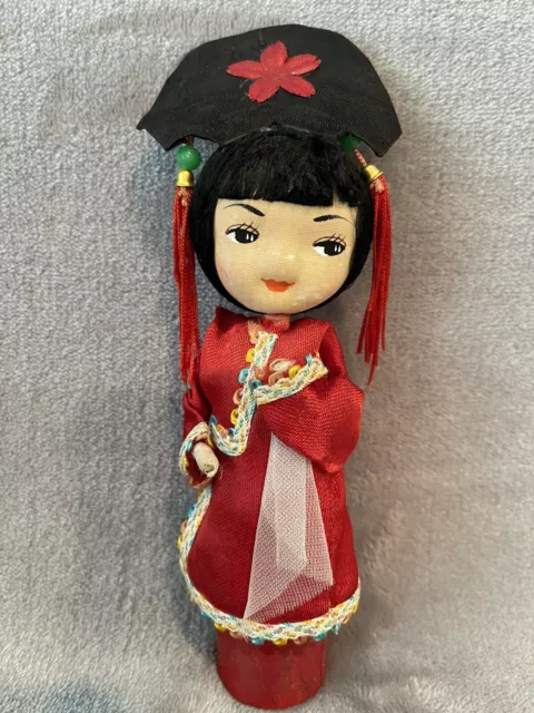 Vintage 7” Traditional Korean Peg Doll In Red Outfit And Black Hat With Tassels