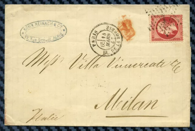 -= Napoléon YT#24 obl.étoile #1 de PARIS s/lettre pour MILAN (Italie) - 1868 =-