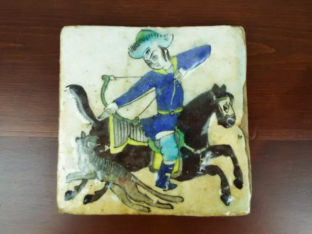 Antique Persian Glazed Tile Mounted Archer Hunting Style Qajar Tiger Islamic Art