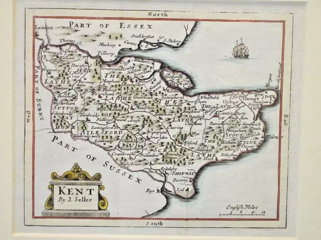 * Rare *  Copperplate Engraved Map of Essex By John Seller Hand Coloured 1695