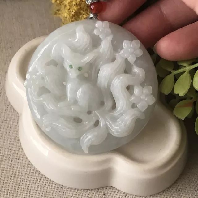 52mm Icy Jadeite Jade Carved Fox Keychain or Pendant Display Figurine