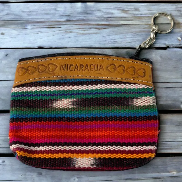 Nicaragua Multicolor Tribal Stripes Leather Trim Coin Purse Pouch Wallet 4.5x3.5