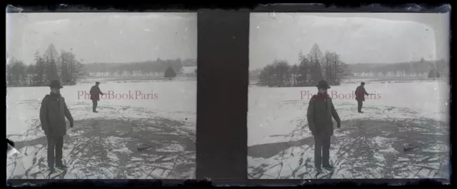 FRANCE Paysage enneigé c1912 Photo NEGATIVE Plaque verre Stereo Vintage V33L20n3
