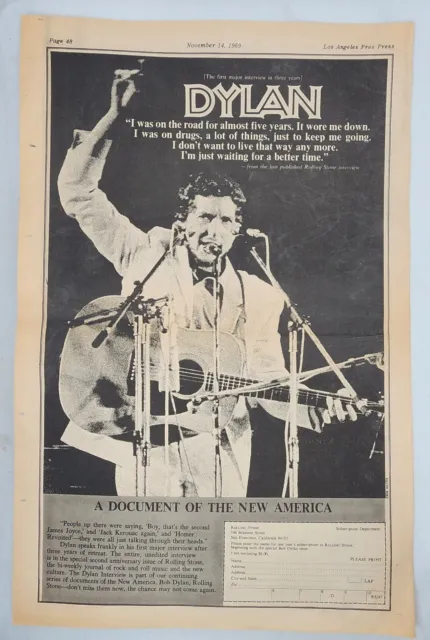Vintage Ad Bob Dylan Erik Hayes 1969 Rolling Stone Unframed LA FREE PRESS
