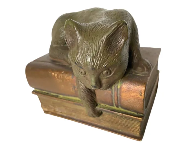 VTG 1 Cat Bookends Heavy Weight Bronzed Resin Kitten  Resting on Books Door Stop
