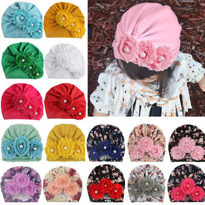 For Baby Girls Floral Turban Cap Infant Head Wrap Headband Soft Knit Beanie Hats